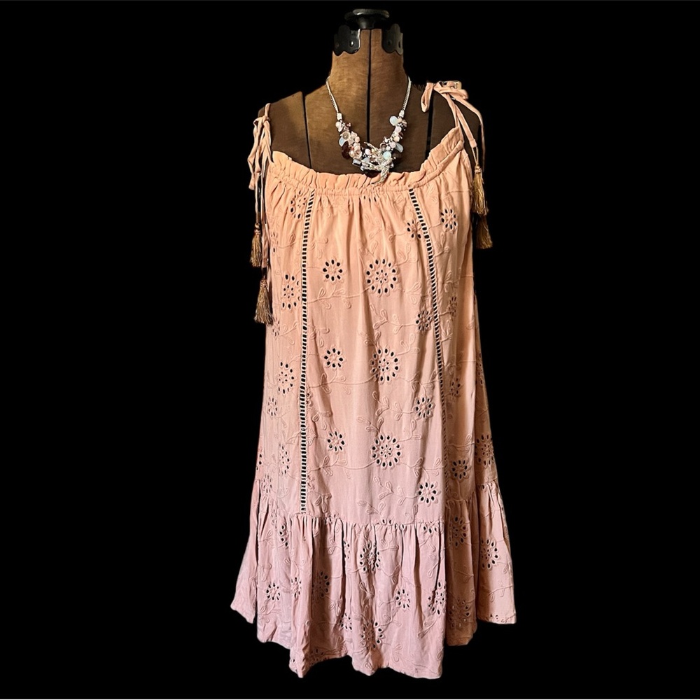 Pink Spaghetti Strap Eyelet Ruffled Hem Dress Tunic